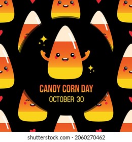 National Candy Corn Day greeting card, vector illustration with cartoon style candy corn characters, halloween sweets and seamless pattern. October 30.
