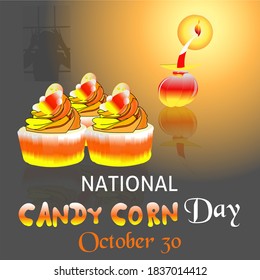 National Candy Corn Day on October 30 with mini candy corn cheese cake, candle light and creepy looking through window - holiday. Vector Illustration. 
