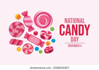 Ilustración vectorial de carteles del Día Nacional del Caramelo. Caramelos y piruletas icono conjunto Vector. Diferentes tipos de dibujo de dulces. Plantilla para el fondo, Anuncio, tarjeta. 4 de noviembre de cada año
