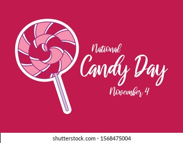 National Candy Day vector. Pink spiral lollipop icon. Lollipop vector. Pink and white spiral lollipop. Strawberry round lollipop on a pink background. Candy Day Poster, November 4