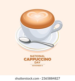 National Cappuccino Day vector illustration. Cup of cappuccino with fluffy milk foam icon vector. White mug of cappuccino with foam and heart shape drawing. November 8 every year. Important day