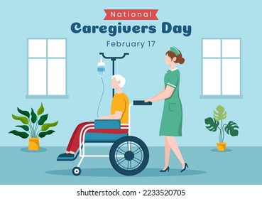 National Caregivers Day am 17. Februar bietet selbstlose persönliche Betreuung und körperliche Unterstützung in handgezeichneten Vorlagen mit Flachkartoon-Illustration