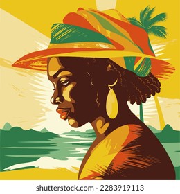 National Caribbean Heritage Month. Vektorbanner, Poster für soziale Netzwerke und Medien. Konzept mit Frau auf Strandhintergrund. Viereckige Komposition. 