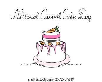 National Carrot Cake Day. Abstract cake with carrot. continuous single line art drawing sketch, logo