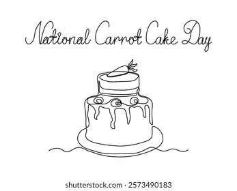 National Carrot Cake Day. Abstract cake with carrot. continuous single line art drawing sketch, logo