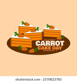 National Carrot Cake Day to celebrate February 3rd. Slices of tart cake with carrot topping on beige background. Food event banner.