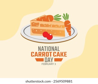 National Carrot Cake Day vector. Delicious slice of carrot cake on a plate icon vector. Piece of cake with carrot drawing. February 3.