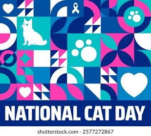 National Cat Day geometric shape pattern background banner or poster design template. observed every year in February. Holiday concept. Use to any Template, card, poster, placard, template.