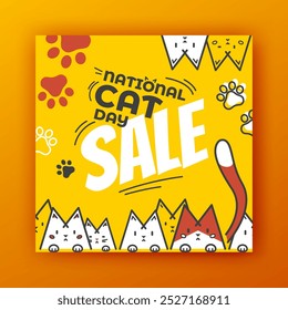 National Cat Day sale. Funny vector banner template. Pet store discount. Bright ads design. Promo offer graphic square layout. Many cute kittens heads peek out. Animal icons frame. Feline signs set