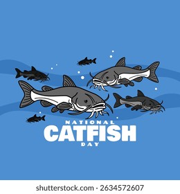 National Catfish Day to celebrate on June 25th. Illustration of catfish swimming in groups