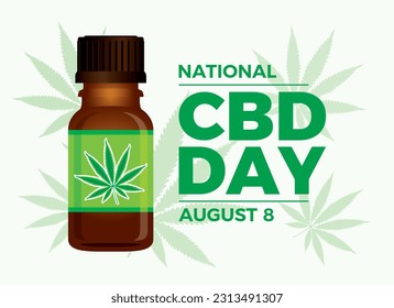 Ilustración vectorial del banner del Día Nacional del CDB. Aceite de CBD en una botella de vidrio marrón con vector de ícono de hoja de cáñamo verde. Ilustración del vial de aceite de cannabis. 8 de agosto cada año. Día importante