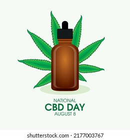 National CBD Day Vektor. Braune Glasflasche CBD Öl mit Hanfblatt Vektor. Durchstechflasche mit Cannabis-Öl mit Tropfgrafik. 8. August. Wichtiger Tag