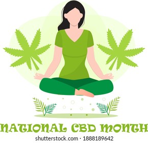 National CBD month concept vector for blog, web, banner. Event is celebrated in January. Medical cannabis illustration. Yoga balance and marijuana, cannabinoids medicinal drug are shown.