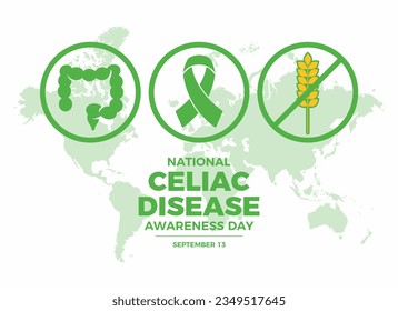 National Celiac Disease Awareness Day vector illustration. Green awareness ribbon and celiac disease round icon set vector. September 13 every year. Important day