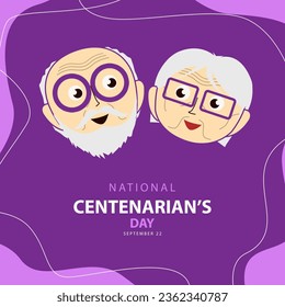 National Centenarian's Day on september 22, with vector illustration grandfather, grandmother and text isolated on purple abstract background for celebrate and commemorate National Centenarian's Day.