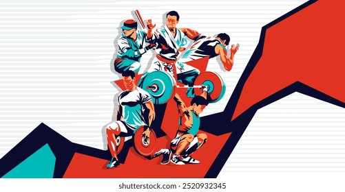 Diseño de Anuncio deportivo de campeonato nacional con ilustraciones de atletas de artes marciales, levantadores de pesas, corredores y jugadores de pelota base. Estilo Abstractas de la silueta aislado en fondo abstracto deportivo