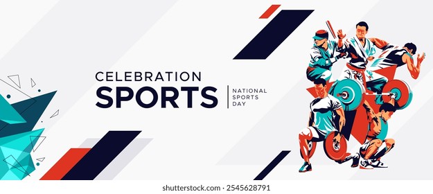 Design de banner esportivo do campeonato nacional com ilustrações de atletas de artes marciais, halterofilistas, corredores e jogadores de bola base. Estilo de silhueta abstrato isolado no fundo abstrato esportivo