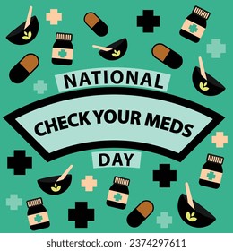 National Check Your Meds Day vector banner design. Happy National Check Your Meds Day modern minimal graphic poster illustration.