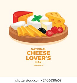 National Cheese Lover’s Day poster vector illustration. Various types of cheese on a wooden cutting board icon vector. Cheese platter with camembert, emmental and more. January 20. Important day