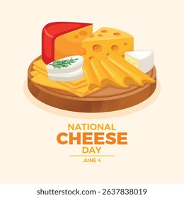 National Cheese Day poster vector illustration. Various types of cheese on a wooden board vector. Cheese platter with sliced cheese drawing. Template for background, banner, card. 4 June