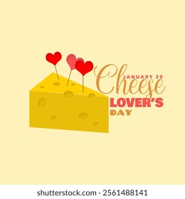 National Cheese Lover's Day to celebrate on January 20th. A slice of cheese decorated with love on beige background. Food event banner.