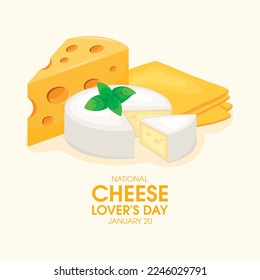 Vector del Día Nacional del Amante del Queso. Ilustración vectorial de queso camembert, emmental y en rodajas. Grupo de varios tipos de dibujos de queso. 20 de enero. Día importante