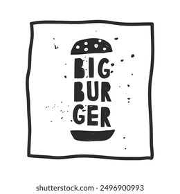 National Cheeseburger Day. clip art of burger with the letters big burger on it. template design in doodle style. doodle vector Illustration in naive art with texture.