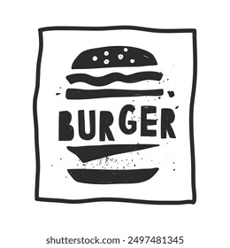 Día Nacional de la Hamburguesa con Queso. Arte de Clip de la hamburguesa con las letras en él. Diseño de Plantilla en estilo doodle. Ilustración vectorial doodle en arte ingenuo con textura.