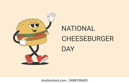 National Cheeseburger Day with groovy hippie burger. Banner template with cartoon character in trendy retro style. Vector illustration