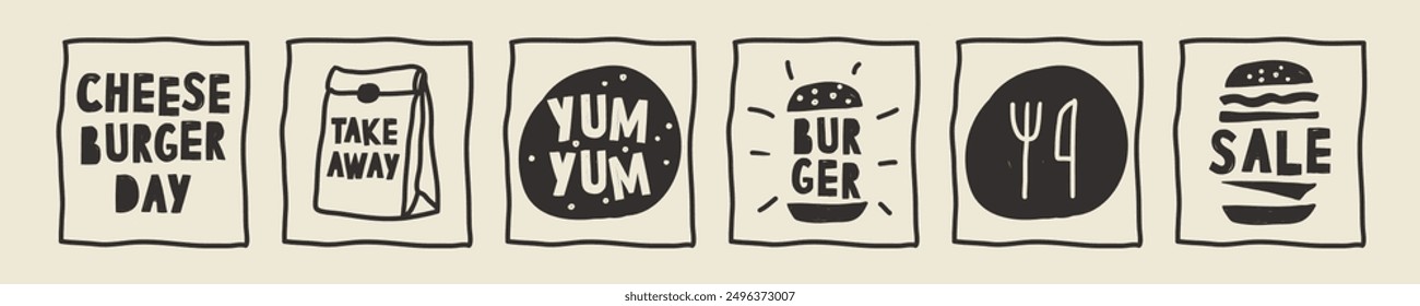 National Cheeseburger Day. Set of poster background or clip arts. template design in doodle style. Flat vector Illustration in naive art.