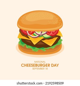 Vector del Día Nacional del Cheeseburger. Deliciosa hamburguesa de carne fresca con una tajada de queso y verduras vector icono. Gran dibujo de hamburguesa. 18 de septiembre. Día importante