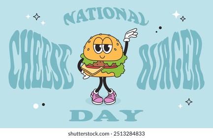 National Cheeseburger Day vintage banner. Groovy burger character and lettering. Funny vintage mascot food. Vector cartoon retro illustration