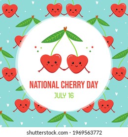 National Cherry Day greeting card with cute couple of red cherry characters and seamless pattern background. July 16.
