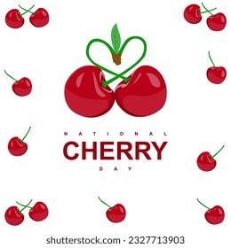 National Cherry Day on july 16 with white background, cherry scattered and cherry stalks in the form of love vector. Making it the perfect summertime celebration. Cherries range from sweet to tart.