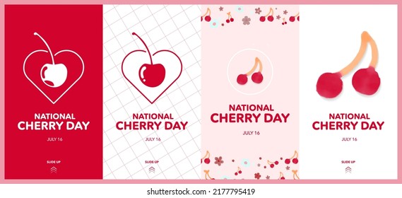 National Cherry Day Posters in 1080x1920 Social Media Story Template. Celebrated on July 16. Minimal concept. Cute watercolor cherry icon. Vector Illustration. Editable EPS 10.