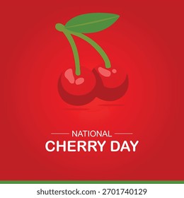 Día nacional de la cereza. Dos cerezas rojas frescas con una hoja verde. Ilustración vectorial. 