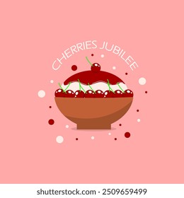 National Cherry Jubilee Day event food banner. A bowl of ice cream with cherries on a pink background to celebrate on September 24th