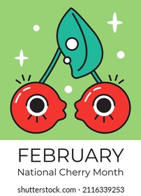 Vector de concepto del mes de cereza nacional. El evento se celebra en febrero. Caricatura loca, cómica y bayas divertidas. Dos cerezas besan la ilustración para pegatinas, banner, web.