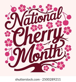 National Cherry Month February concept. Flyer, Poster or web banner vector illustration design with text and red cherries