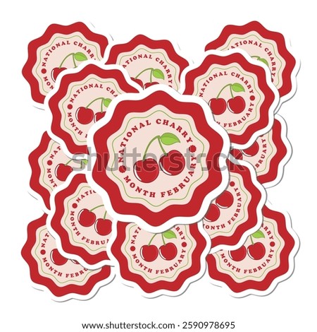 NATIONAL CHERRY MONTH FEBRUARY,This image features a collection of sticker designs, all with a similar style and theme. Each sticker is shaped like a scalloped circle with a white border and a red inn