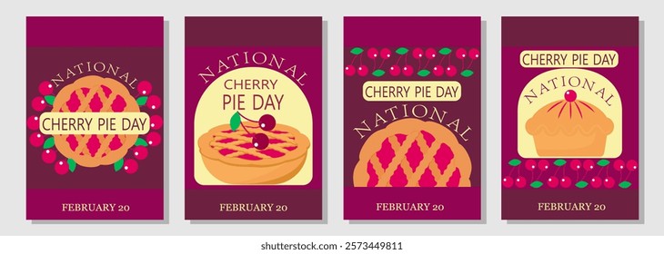 National Cherry Pie Day. Pie top view. Cooked tasty round food pastry pie desserts exact vector, cherry pie.