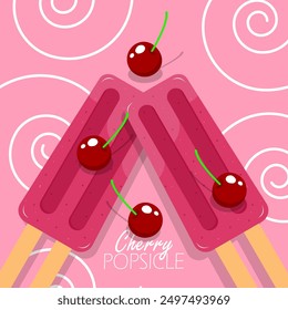 National Cherry Popsicle Day event food banner. Two cherry flavored Popsicle ice creams with fresh cherries on pink background to celebrate on August 26th