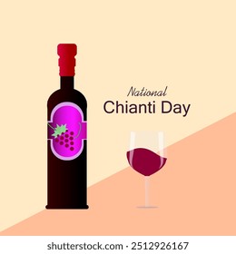 Vetor do Dia Nacional de Chianti, ilustração. Copo de vinho, uma garrafa de chianti e texto sobre fundo abstrato rosa claro para comemorar e comemorar o Dia Nacional de Chianti. 6 de setembro.