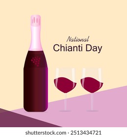 Vetor do Dia Nacional de Chianti, ilustração. Óculos de vinho, um chianti garrafa e texto sobre fundo abstrato rosa claro e roxo para comemorar e comemorar o Dia Nacional Chianti.