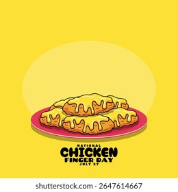 National Chicken Finger Day to celebrate on July 27th. A plate of fried chicken pieces drizzled with melted cheese. Food event banner.