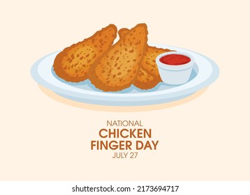 National Chicken Finger Day Vector. Fried Chicken Fingers With Red Sauce Icon Vector. Chicken Strips On A Plate Drawing. July 27. Important Day