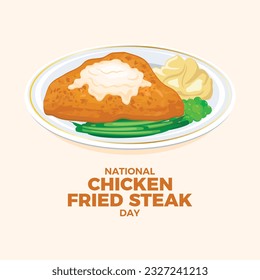 National Chicken Fried Steak Day vector illustration. Fried steak with mashed potatoes, peas and green beans icon vector. Fried chicken cutlet with creamy gravy on a plate drawing. October 26 svg