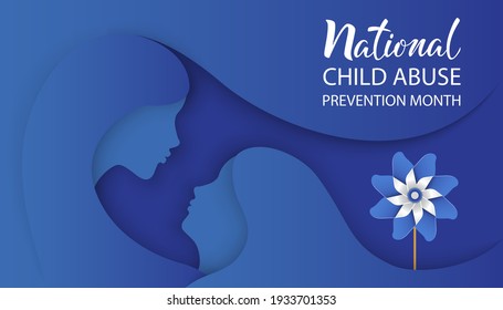 National Child Abuse Prevention Month. Girl and mother silhouette with pinwheel on blue background. Concept of children protection and safety. Template for banner, card, poster. Vector illustration. 