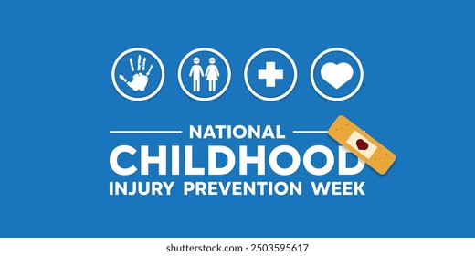 National Childhood Injury Prevention Week. Hand, childrens, plus icon, heart and band aid. Great for cards, banners, posters, social media and more. Blue background.
