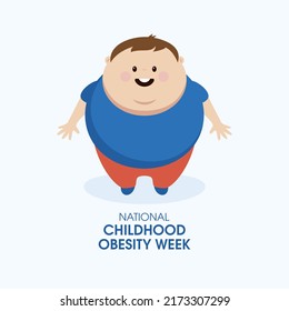 National Childhood Obesity Week vector. Smiling fat boy icon vector. Funny overweight kid cartoon character. Chubby child design element. Happy obese boy in a blue shirt drawing. Important day